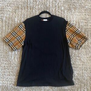 Burberry Black Tee with Plaid Sleeves